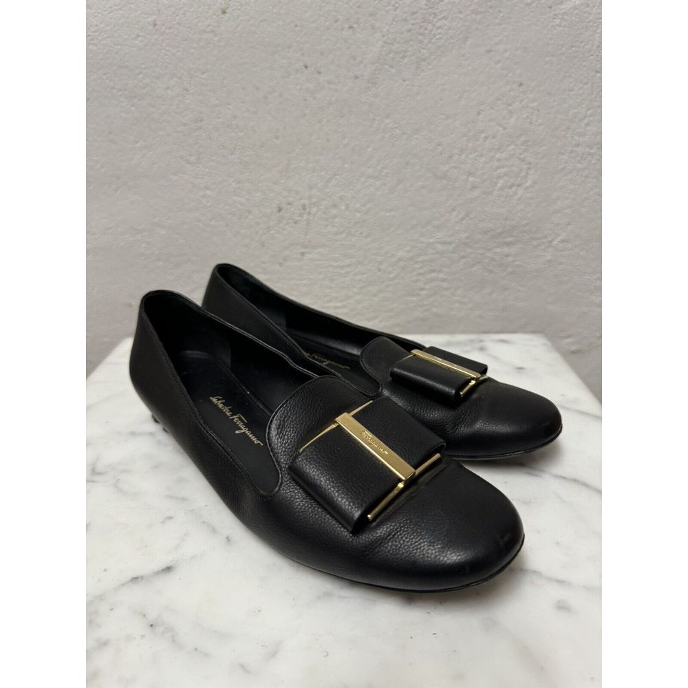 Salvatore Ferragamo Black Leather Sarno Varina Bow Flats Shoes US 6C
